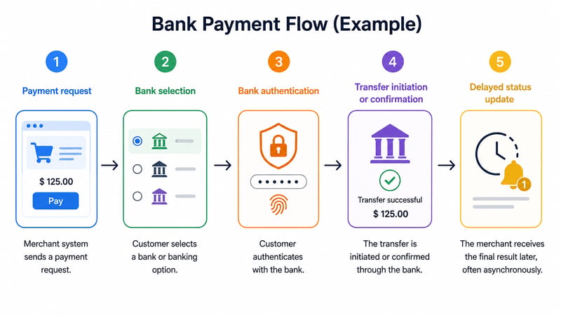 5-step bank transfer payment flowchart with delayed asynchronous status update