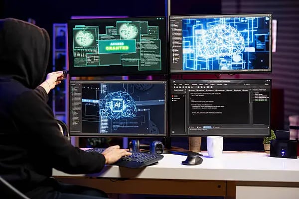 A security analyst monitors AI fraud detection.