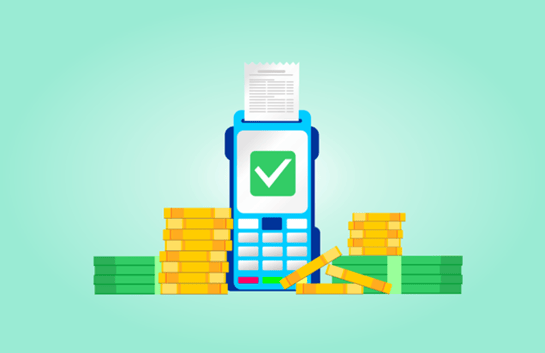 An animated image of a payment terminal and some coins