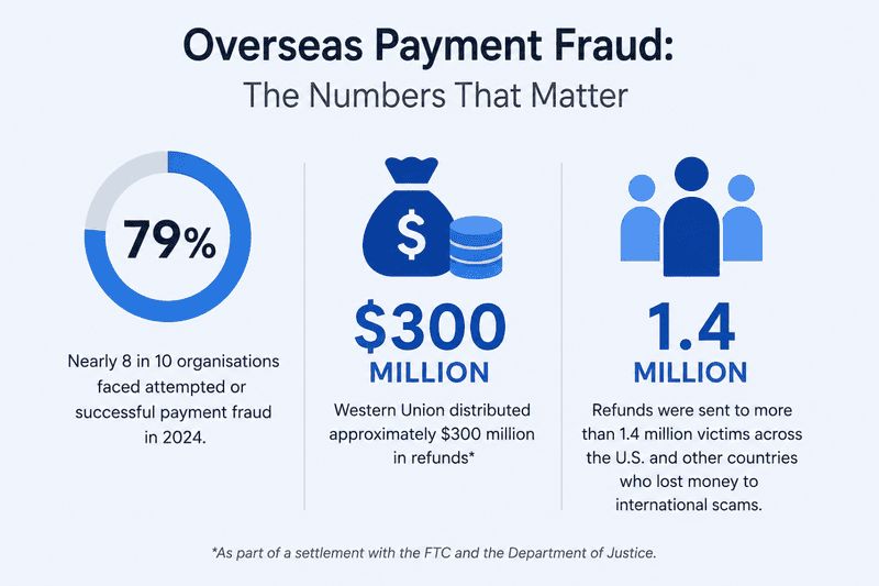 A visual of overseas payment fraud stats from Western Union and AFP
