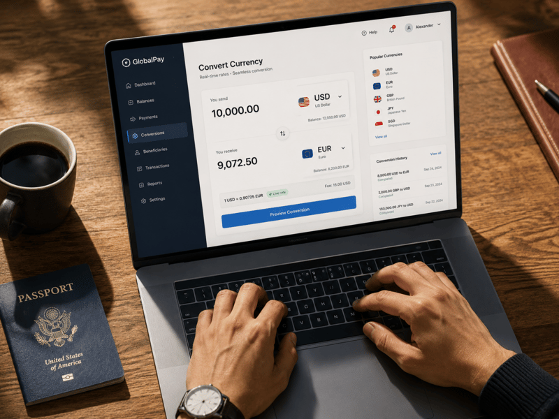 Professional converting global currencies on a laptop