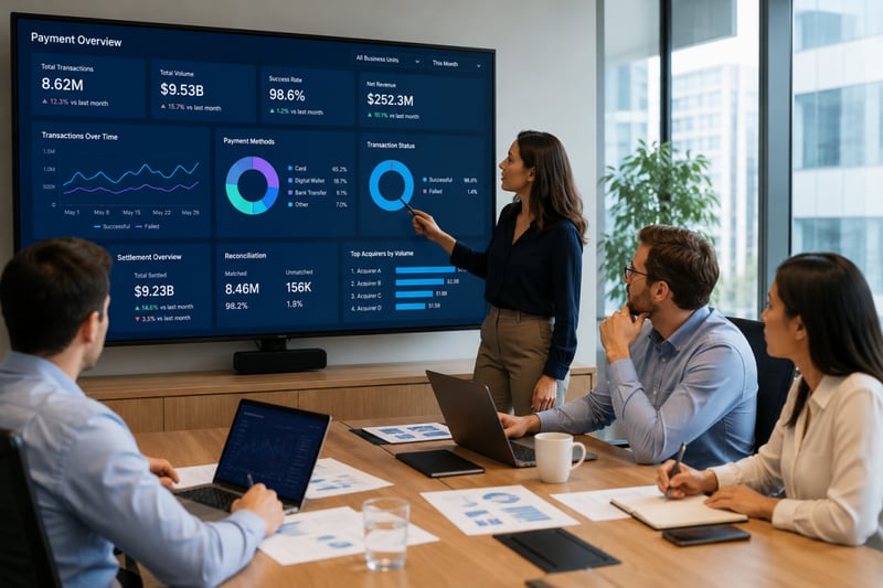 Business team reviewing payment operations and transaction reporting data