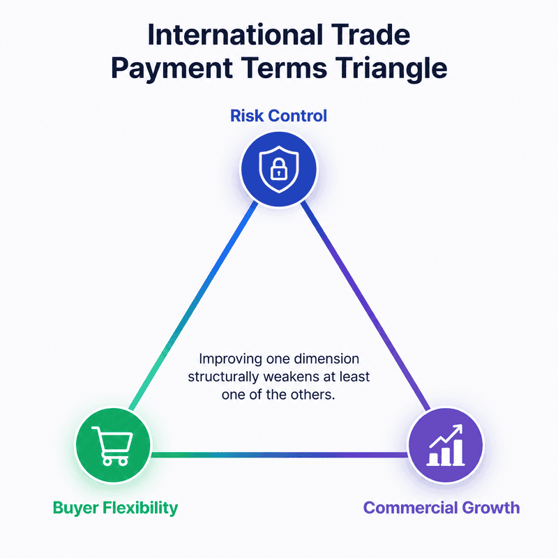 International Trade Payment Terms Triangle diagram illustrating the trade-off between risk control, buyer flexibility, and commercial growth in global payment methods, showing that improving one dimension structurally weakens at least one other due to payment risk allocation and cash flow timing.