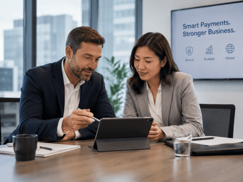 Business professionals evaluating payment partner options