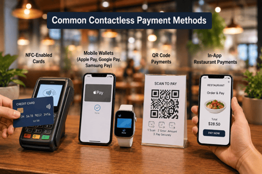 Common contactless payment methods used in restaurants.