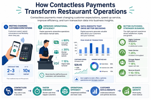 Contactless payment infographic with restaurant, payment, and data icons.