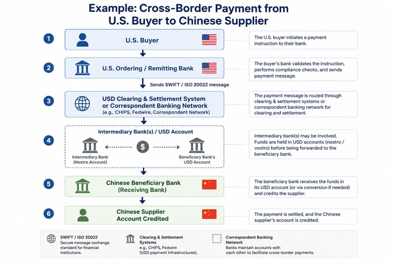 Cross-border interbank payment flow from a U.S. buyer to a Chinese supplier