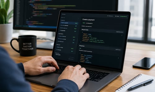 Developer typing payments API code on laptop