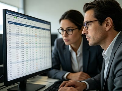 Finance team analyzing multi-currency revenue on monitor