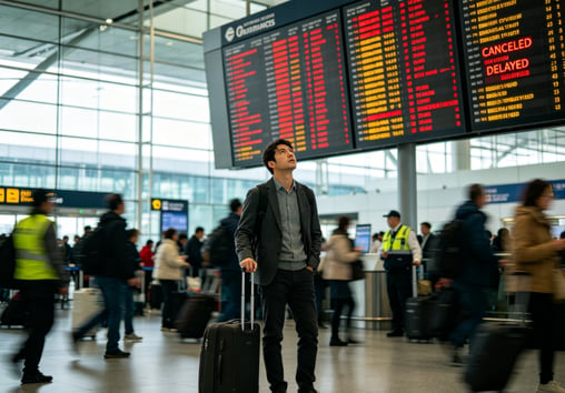 Frustrated traveler looking at delayed flight board