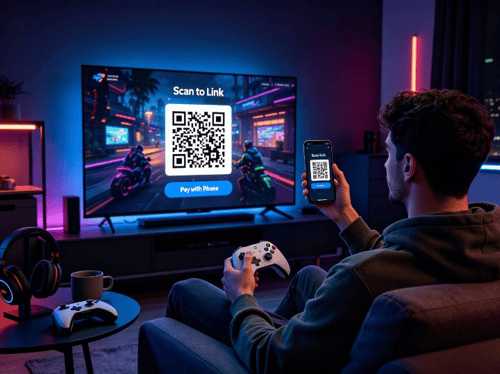 Gamer scanning QR code on TV screen