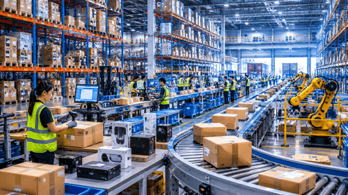 Global e-commerce logistics hub handling shipments