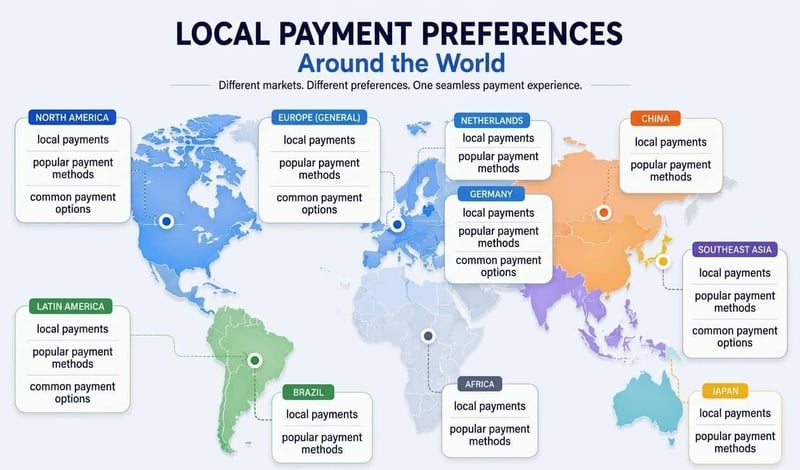 Global map showing local payment preferences across regions