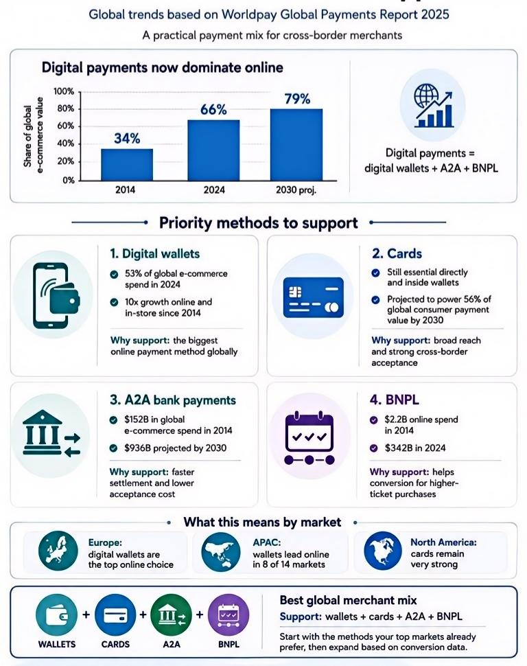 Global payment trends for cross-border merchants infographic