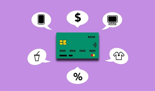 Graphic showing bank card for how does merchant acquiring work payment transaction flow