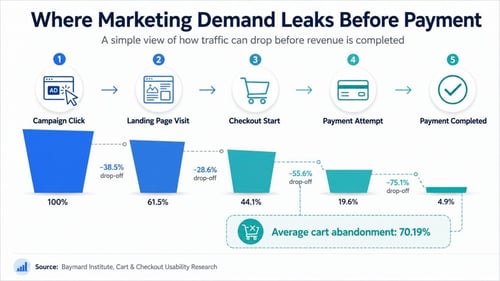 Infographic illustrating the significant drop-off in marketing funnel traffic before payment completion
