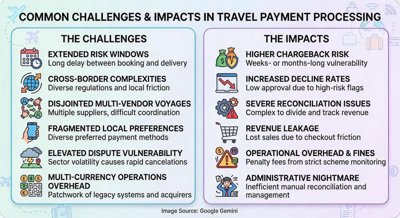 Lists of common challenges and impacts of travel payment processing