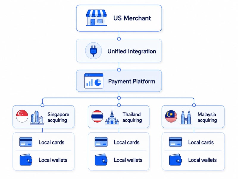Local acquiring flow showing a US merchant connected through a unified payment platform to acquiring services, local cards, and local wallets in Singapore, Thailand, and Malaysia