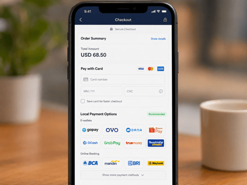 Mobile checkout screen displaying diverse local e-wallets