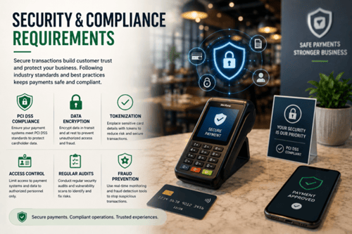Payment terminal beside restaurant payment security icons.