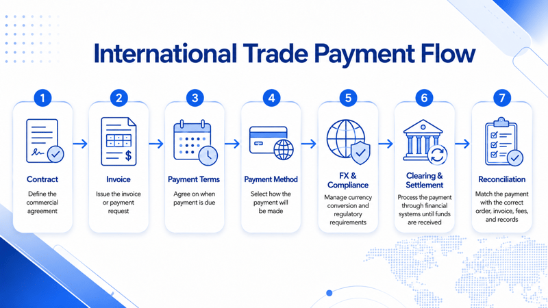 International trade payment flow infographic explaining how cross-border trade payments move from contract, invoice, payment terms, and payment method to FX compliance, clearing, settlement, and reconciliation.